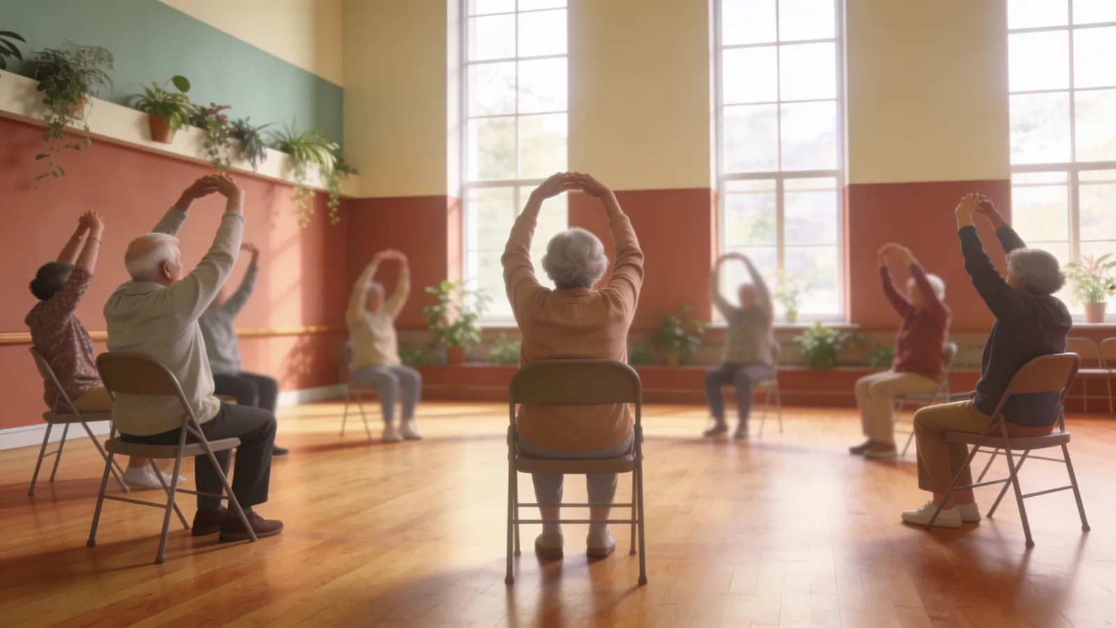 A seated exercise circle underway in a bright senior center hall