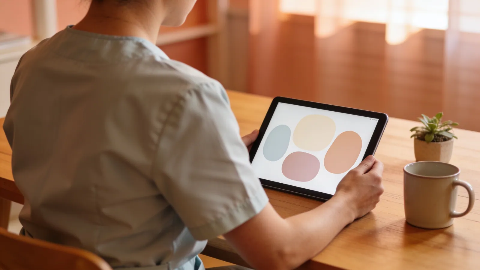 A care worker reviews records on a tablet at a sunlit table