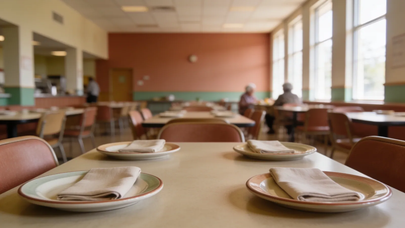 Tables set for a meal service in a senior center dining room