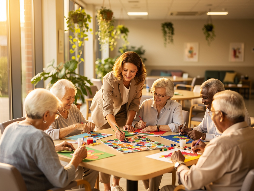 Seniors laughing together over a crafts activity at a senior center while a staff member helps