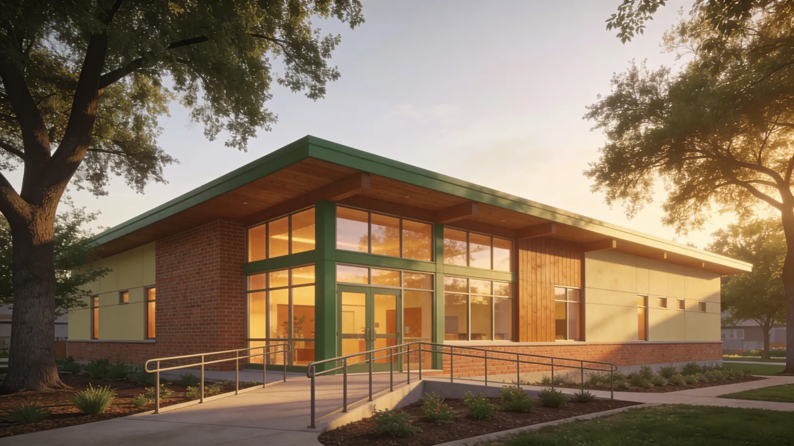 A modern single-storey senior community center at golden hour