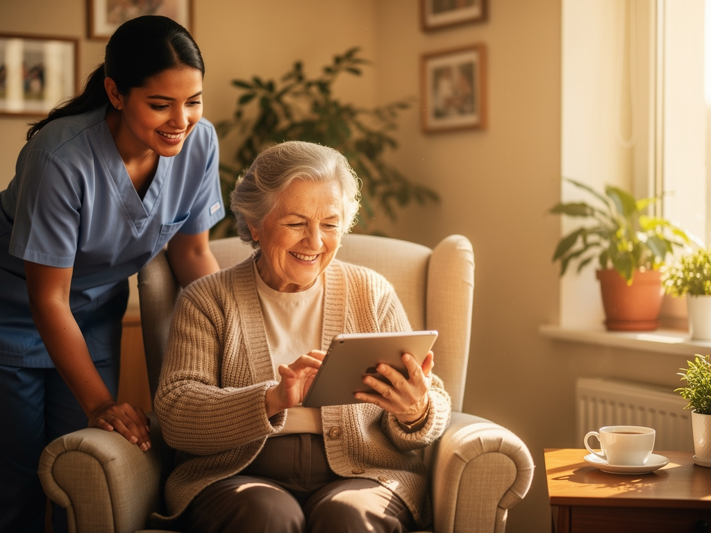 An elderly group home resident using a tablet with a caregiver warmly at her side