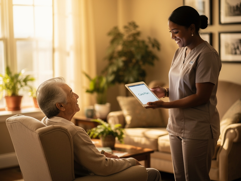 A caregiver reviews a digital care plan on a tablet beside a smiling elderly resident