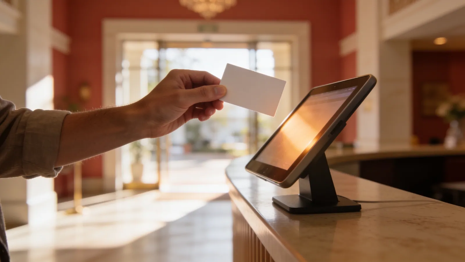 A member holds a badge up to a check-in tablet at a facility entrance