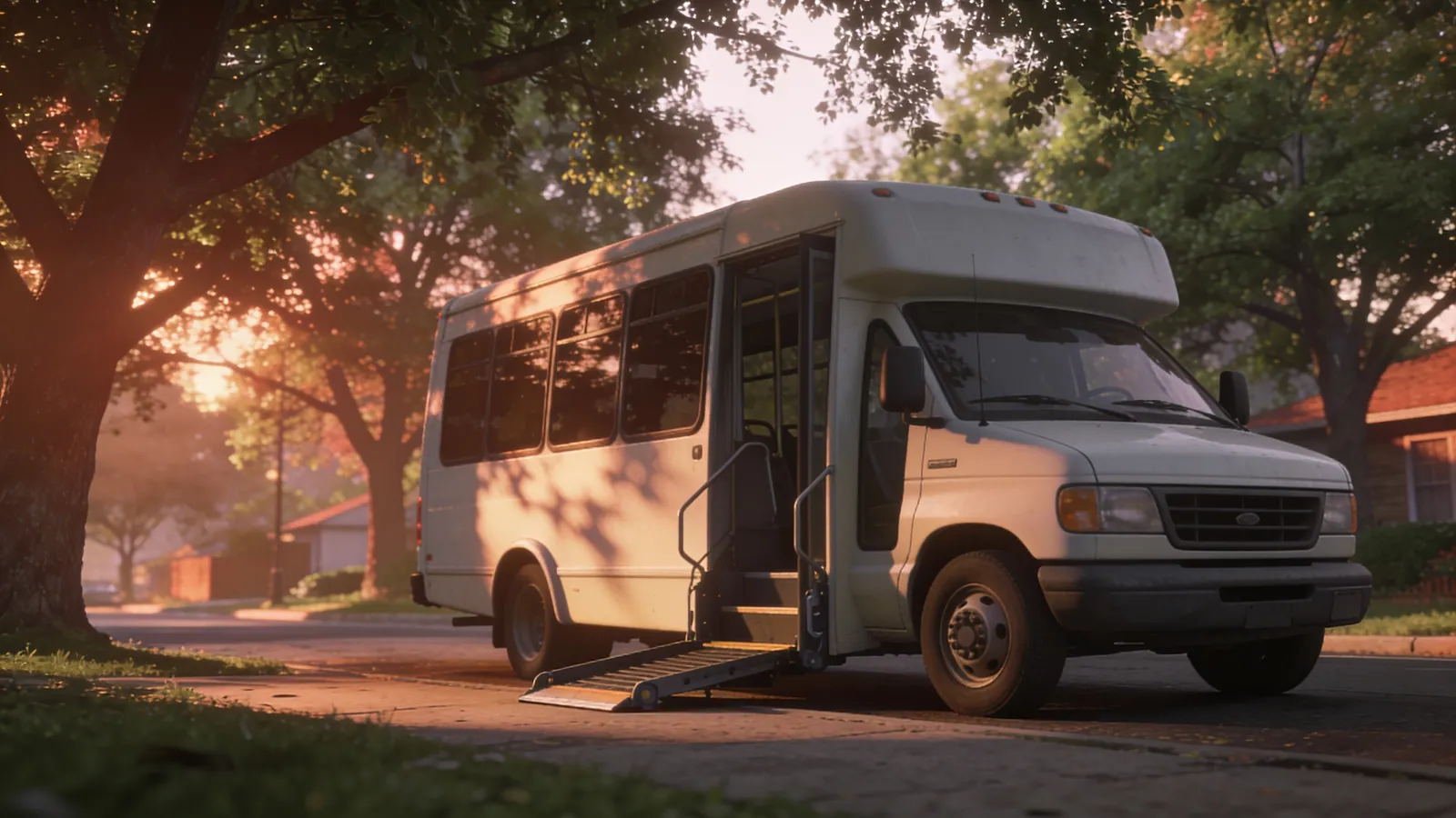 An accessible community shuttle bus parked on a tree-lined street