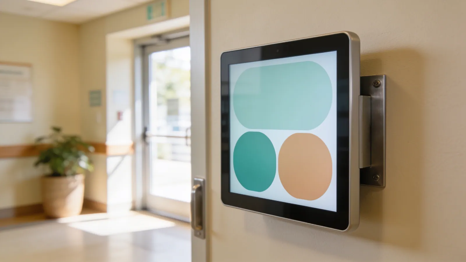 A wall-mounted check-in kiosk running under a reseller's own branding in a facility lobby